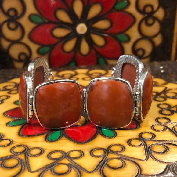 Vintage BARSE Burnt Orange Sterling Silver Toggle Bracelet - Picture 2 of 9